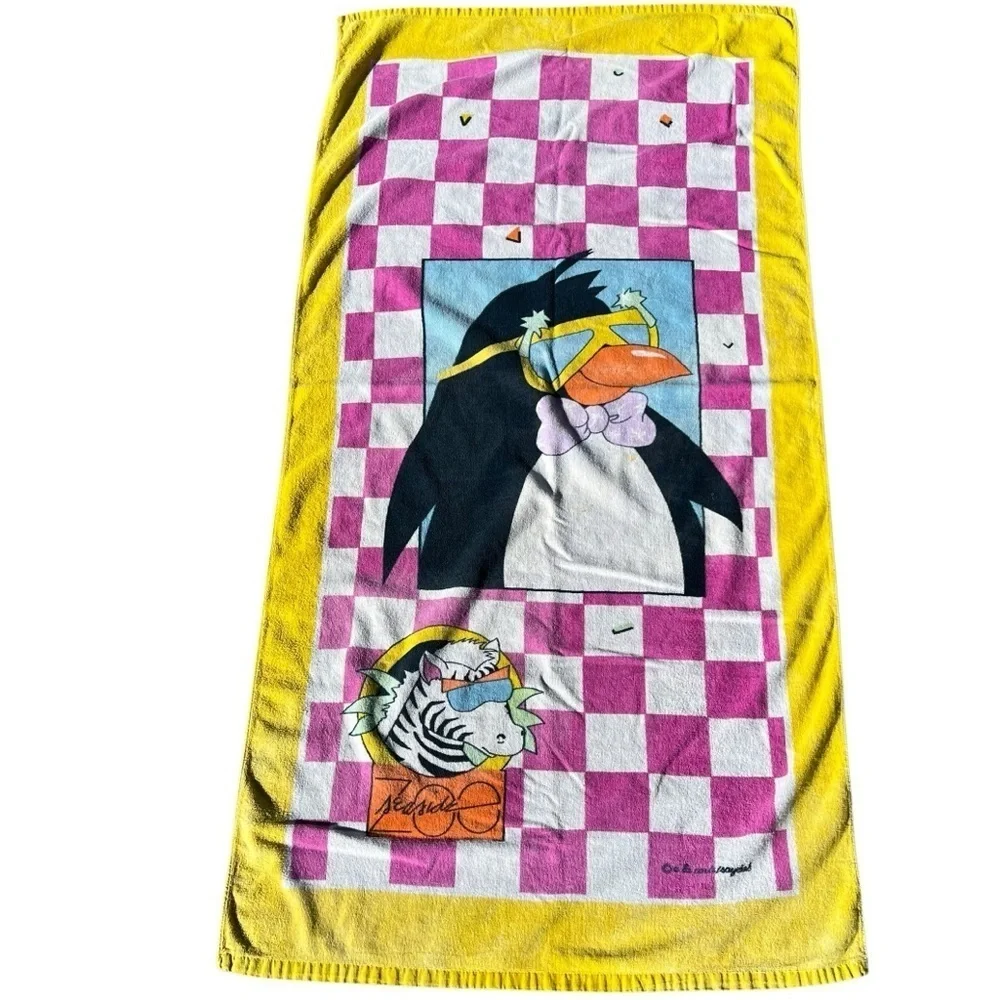VTG 90s Seaside Zoo Checkered Beach Towel A La Carte Saydah Surf Penguin Zebra